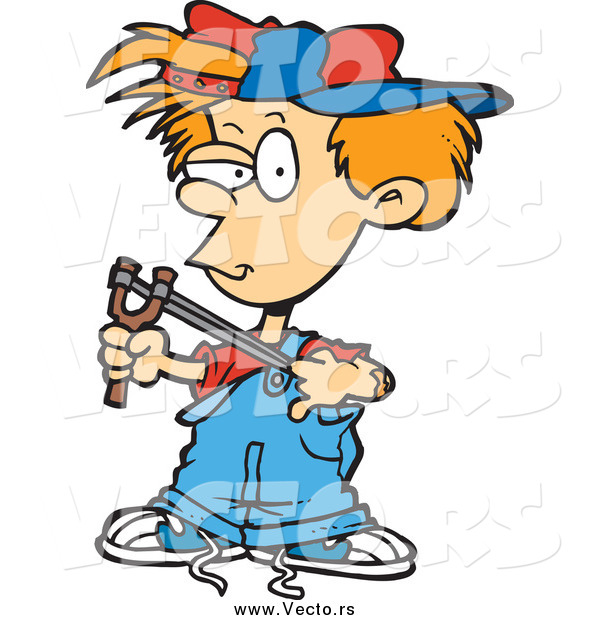 Vector of a Cartoon Mischievous Boy Using a Slingshot
