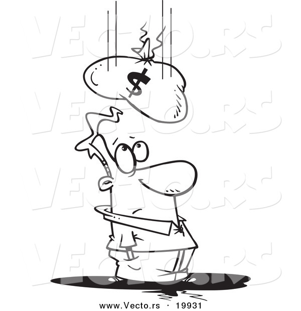 Vector of a Cartoon Money Bag Falling on a Man - Outlined Coloring Page