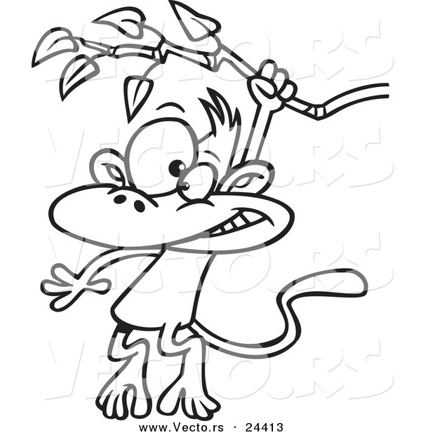 Vector of a Cartoon Monkey Swinging from a Branch - Outlined Coloring Page