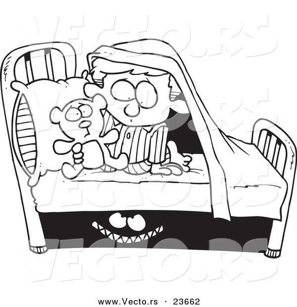 Vector of a Cartoon Monster Scaring a Boy Under a Bed - Coloring Page Outline