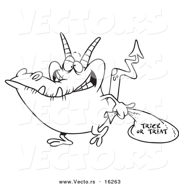 Vector of a Cartoon Monster Trick or Treating - Outlined Coloring Page Drawing