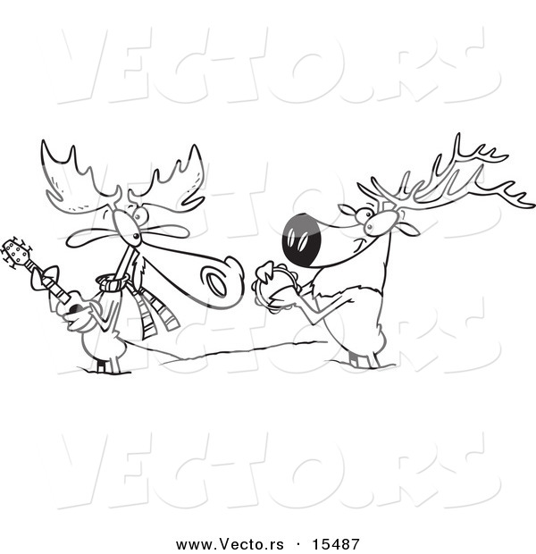 Vector of a Cartoon Moose and Elk Jamming in the Snow - Coloring Page Outline