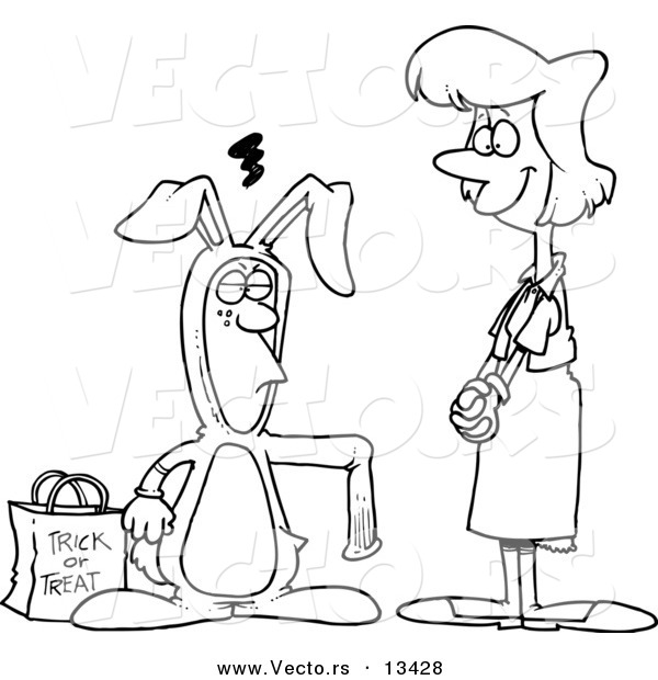 Vector of a Cartoon Mother Admiring Her Son in a Rabbit Costume for Halloween - Coloring Page Outline