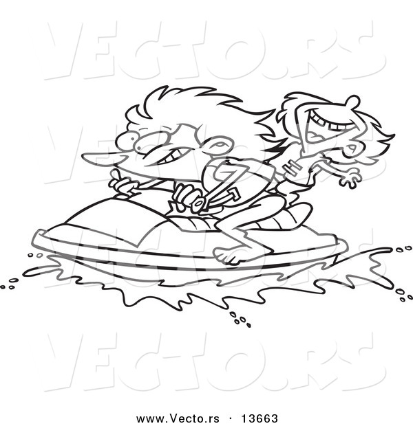Vector of a Cartoon Mother and Daughter Riding a Jet Ski - Coloring Page Outline