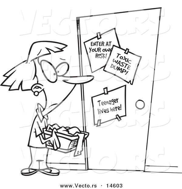 Vector of a Cartoon Mother Holding Laundry Outside Her Teenager's Room - Coloring Page Outline