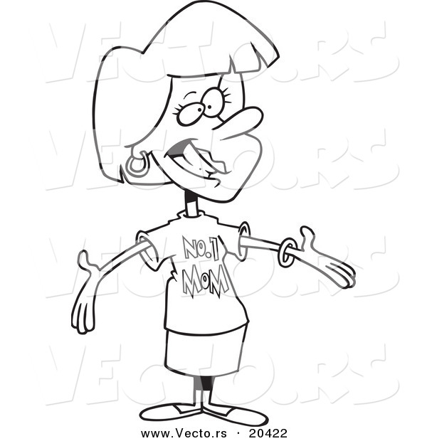 Vector of a Cartoon Mother Wearing a Number One Mom Shirt - Coloring Page Outline