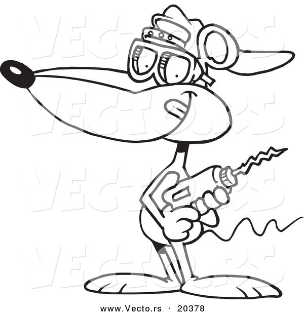 Vector of a Cartoon Mouse Holding a Drill - Coloring Page Outline