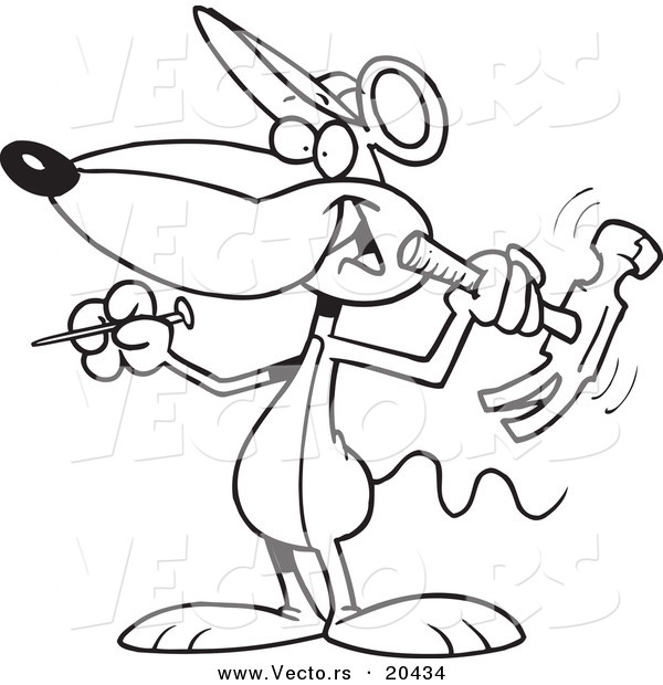 Vector of a Cartoon Mouse Holding a Hammer - Coloring Page Outline