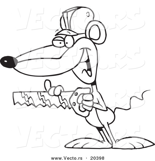 Vector of a Cartoon Mouse Holding a Saw - Coloring Page Outline