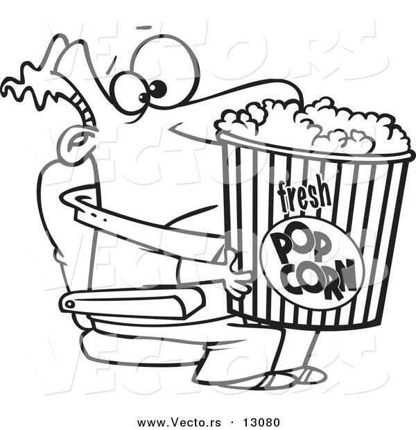 Vector of a Cartoon Movie Man Holding a Big Bucket of Popcorn - Outlined Coloring Page