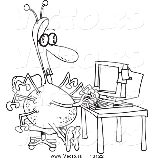 Vector of a Cartoon Multi Armed Webmaster - Coloring Page Outline