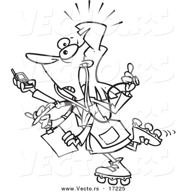 Vector of a Cartoon Multi Tasking Female Doctor on Roller Blades - Coloring Page Outline