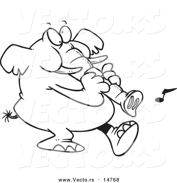 Vector of a Cartoon Musical Elephant Making Noise with His Trunk - Coloring Page Outline