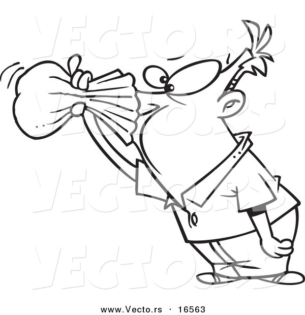 Vector of a Cartoon Nauseous Man Breathing into a Paper Bag - Outlined Coloring Page Drawing