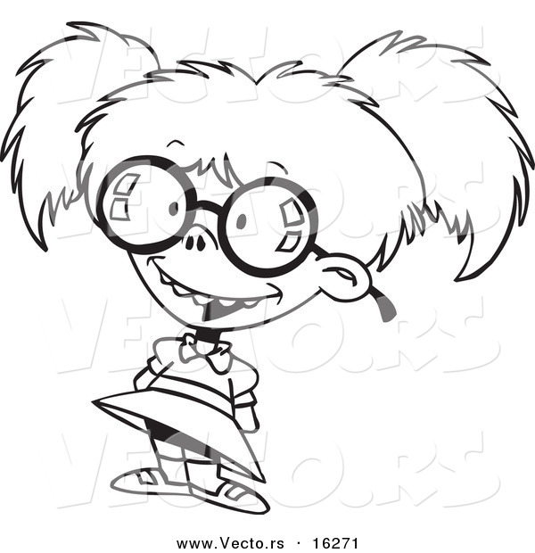 Vector of a Cartoon Nerdy Girl - Outlined Coloring Page Drawing