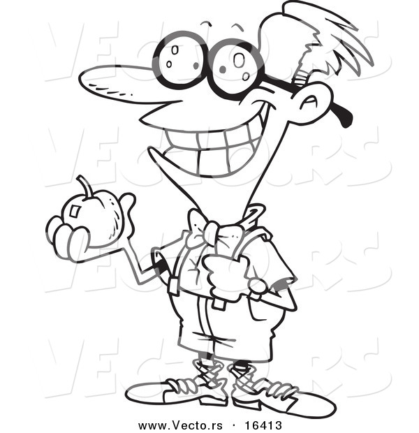 Vector of a Cartoon Nerdy School Boy Holding an Apple - Outlined Coloring Page Drawing