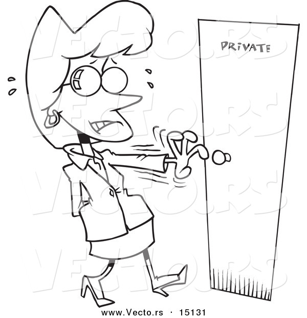 Vector of a Cartoon Nervous Woman Opening a Private Door - Coloring Page Outline