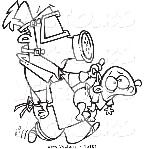 Vector of a Cartoon New Dad Wearing Protective Gear and Carrying a Baby - Coloring Page Outline