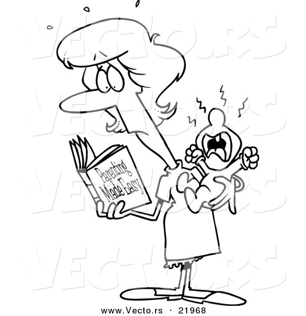Vector of a Cartoon New Mom Reading a Parenting Book - Outlined Coloring Page
