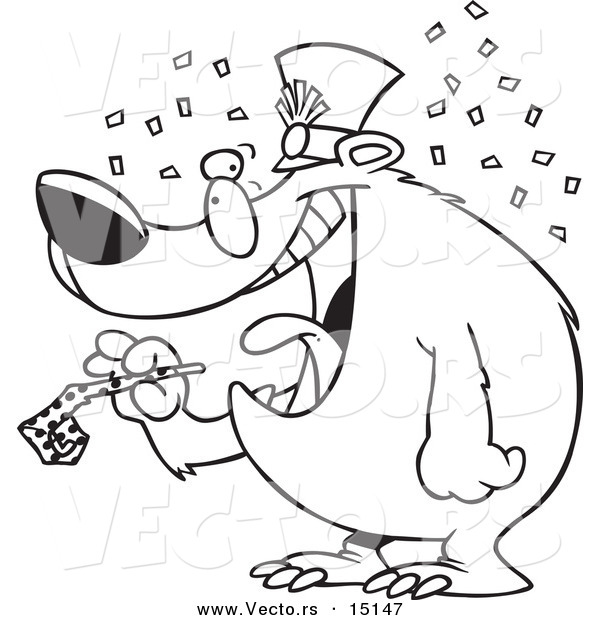 Vector of a Cartoon New Year Bear Holding a Noise Maker - Coloring Page Outline