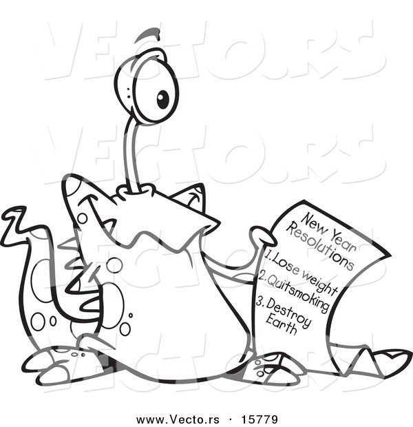 Vector of a Cartoon New Year Resolution Alien - Outlined Coloring Page Drawing