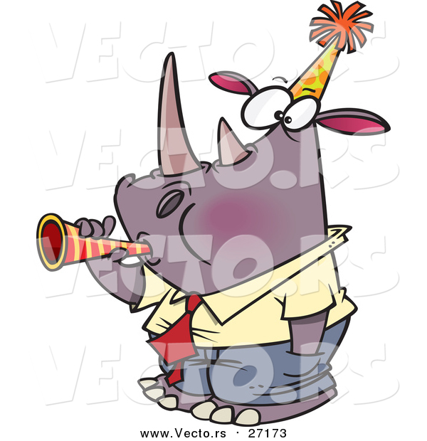 Vector of a Cartoon New Year Rhino Business Man Blowing a Horn