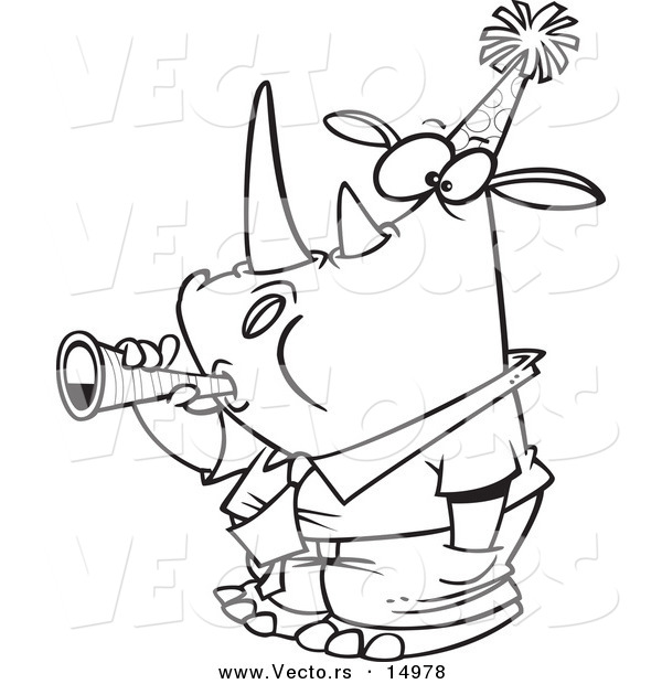 Vector of a Cartoon New Year Rhino Businessman Blowing a Horn - Coloring Page Outline