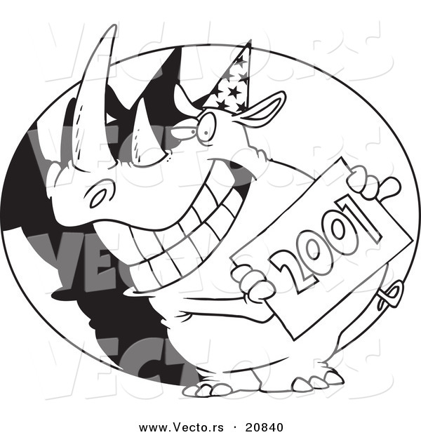 Vector of a Cartoon New Year Rhino Holding a Sign - Coloring Page Outline