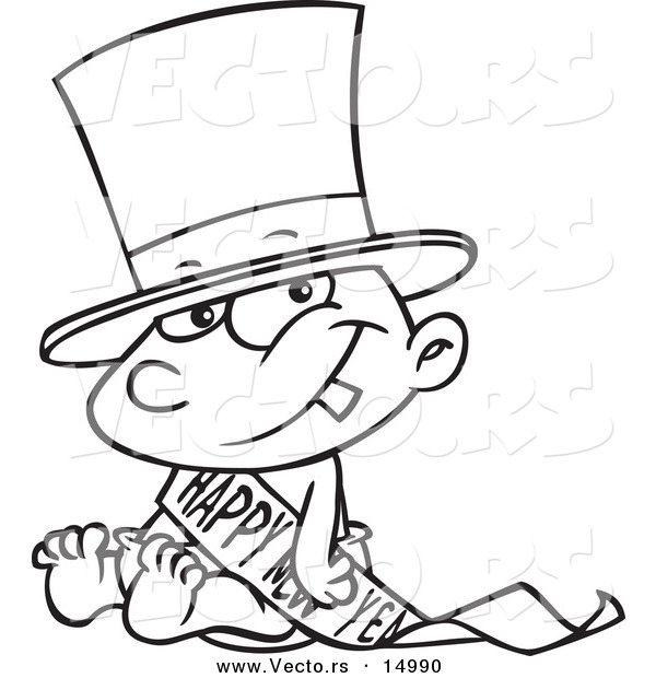 Vector of a Cartoon New Years Baby Sitting - Coloring Page Outline