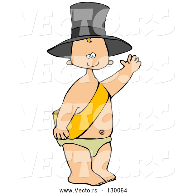 Vector of a Cartoon New Year's Baby Wearing a Sash, Diaper and a Hat and Waving
