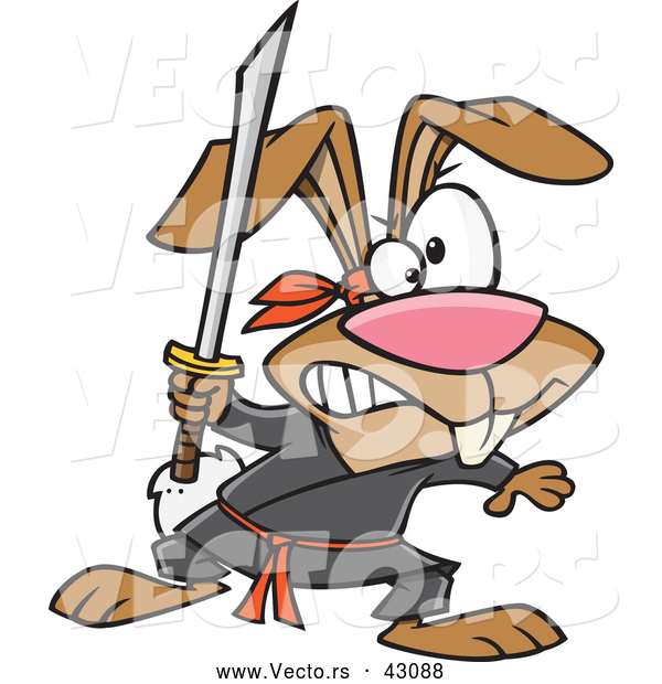 Vector of a Cartoon Ninja Rabbit Ready to Fight with Sword