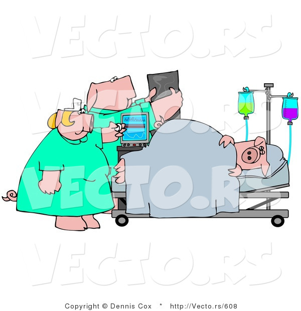 Vector of a Cartoon Nurse and Doctor Checking on Sick Pig in a Hospital