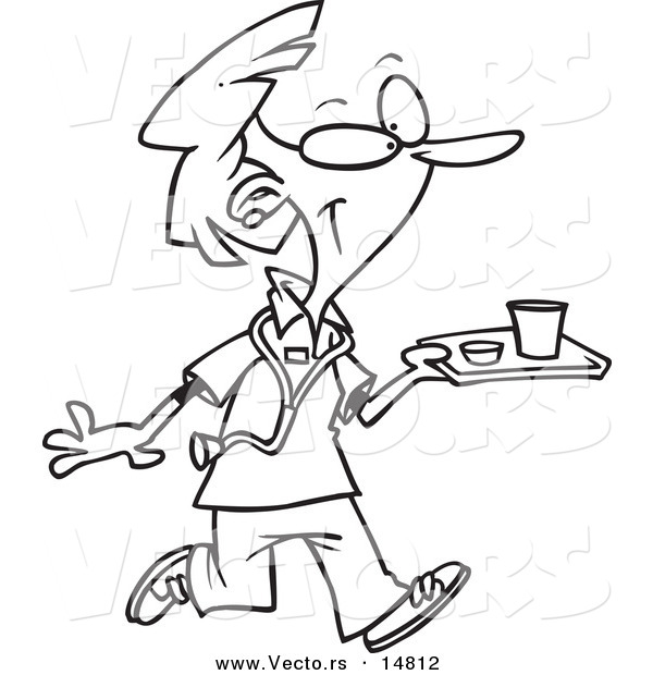 Vector of a Cartoon Nurse Carrying a Tray of Cafeteria Food - Coloring Page Outline
