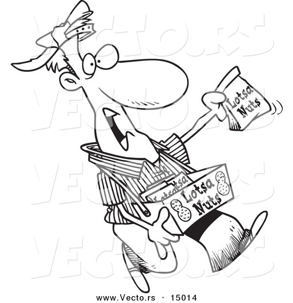 Vector of a Cartoon Nut Vendor Holding up a Bag - Coloring Page Outline
