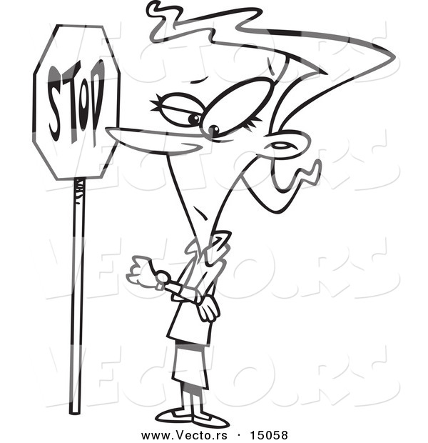 Vector of a Cartoon Obedient Woman Standing by a Stop Sign - Coloring Page Outline