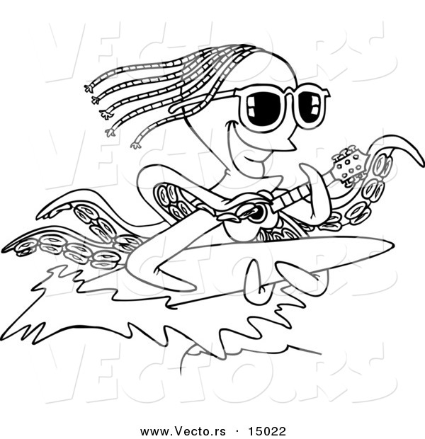 Vector of a Cartoon Octopus Playing a Banjo and Surfing - Coloring Page Outline