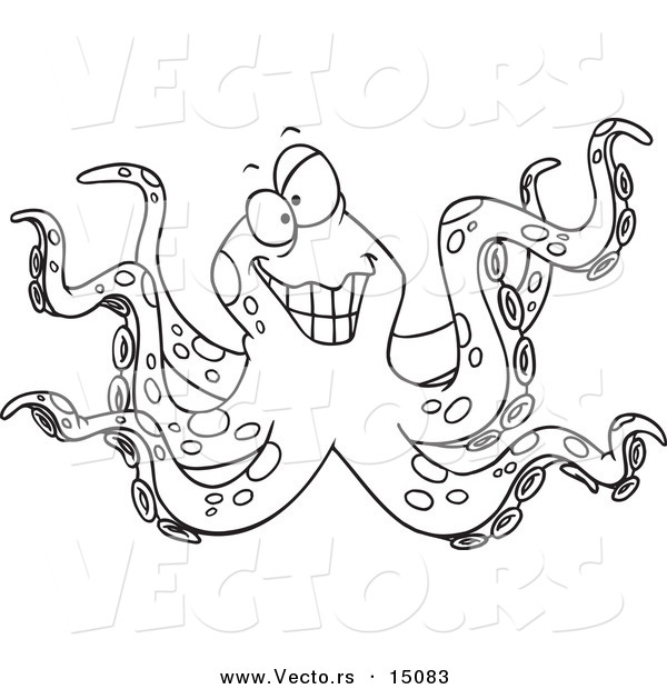 Vector of a Cartoon Octopus Smiling - Coloring Page Outline