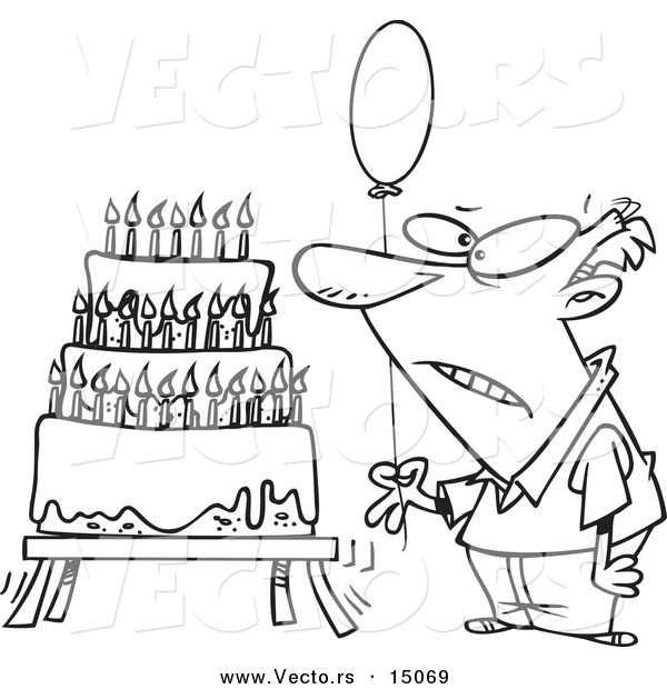 Vector of a Cartoon Old Man Holding a Balloon by a Birthday Cake - Coloring Page Outline
