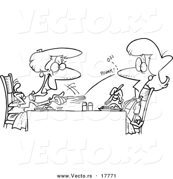 Vector of a Cartoon Old Woman Flicking a Pea at Her Daughter - Outlined Coloring Page