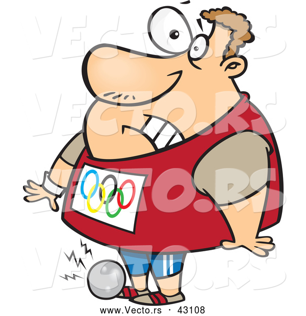 Vector of a Cartoon Olympic Track and Field Shotput Athlete Man Dropping the Ball on His Foot