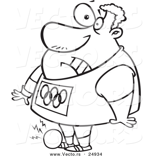 Vector of a Cartoon Olympic Track and Field Shotput Athlete Man Dropping the Ball on His Foot - Outlined Coloring Page