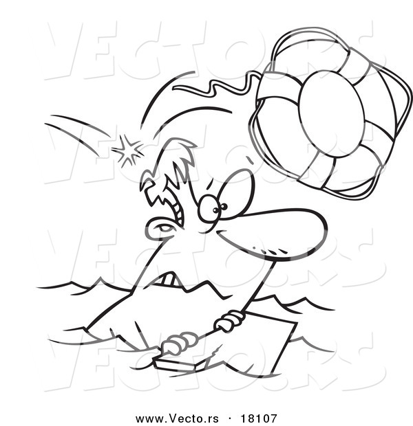 Vector of a Cartoon Overboard Man Floating on Wood - Outlined Coloring Page