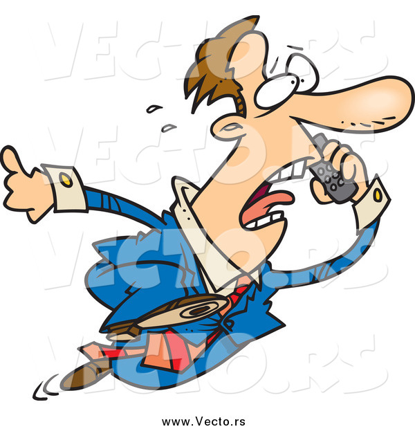 Vector of a Cartoon Panicked White Businessman Running and Talking on a Cell Phone