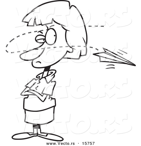 Vector of a Cartoon Paper Plane Annoying a Businesswoman - Outlined Coloring Page Drawing