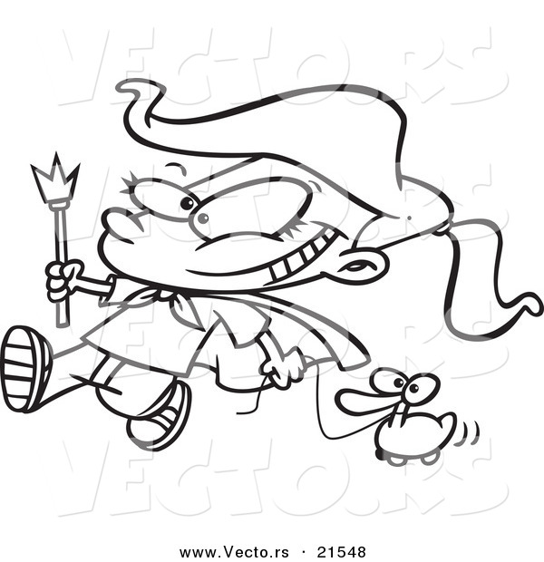 Vector of a Cartoon Parade Girl Pulling a Duck - Outlined Coloring Page