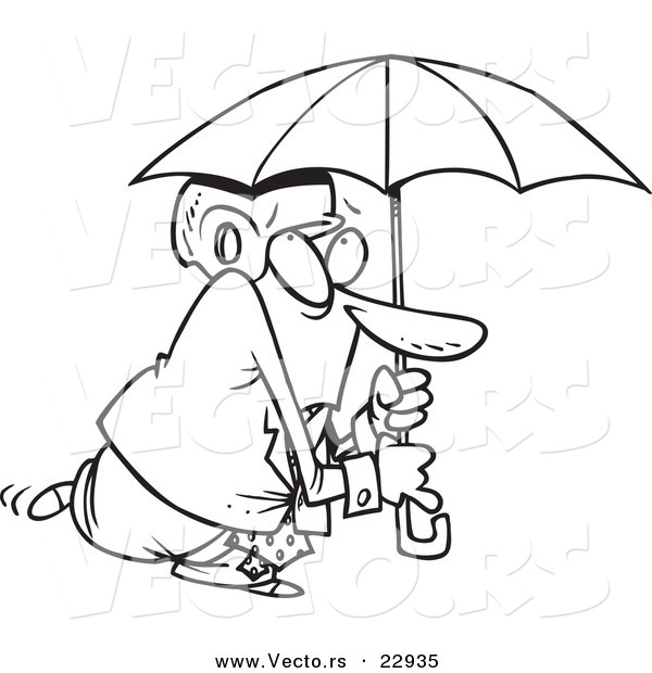 Vector of a Cartoon Paranoid Businessman Wearing a Helmet Under an Umbrella - Coloring Page Outline