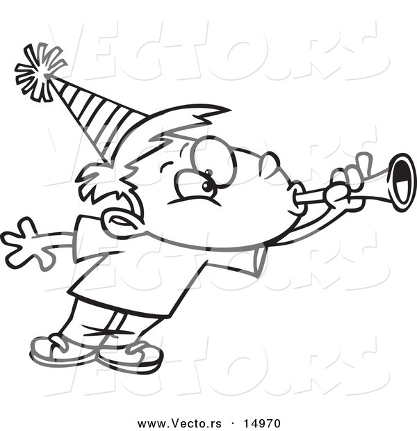 Vector of a Cartoon Party Boy Blowing a Horn - Coloring Page Outline