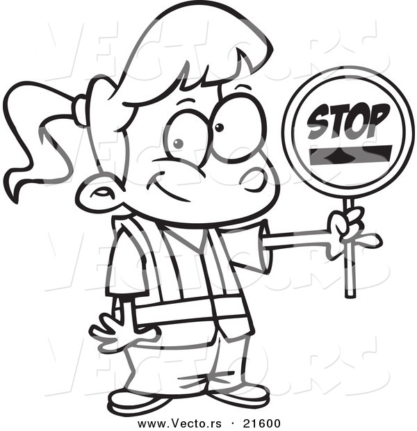 Vector of a Cartoon Patrol Girl Holding a Stop Sign - Outlined Coloring Page