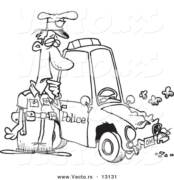 Vector of a Cartoon Patrol Officer Staring at His Beat up Car - Coloring Page Outline