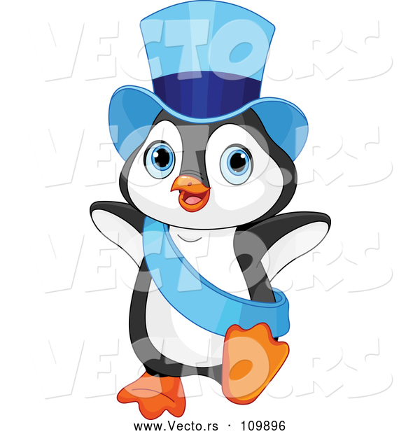 Vector of a Cartoon Penguin Dancing in a Blue Top Hat and Sash